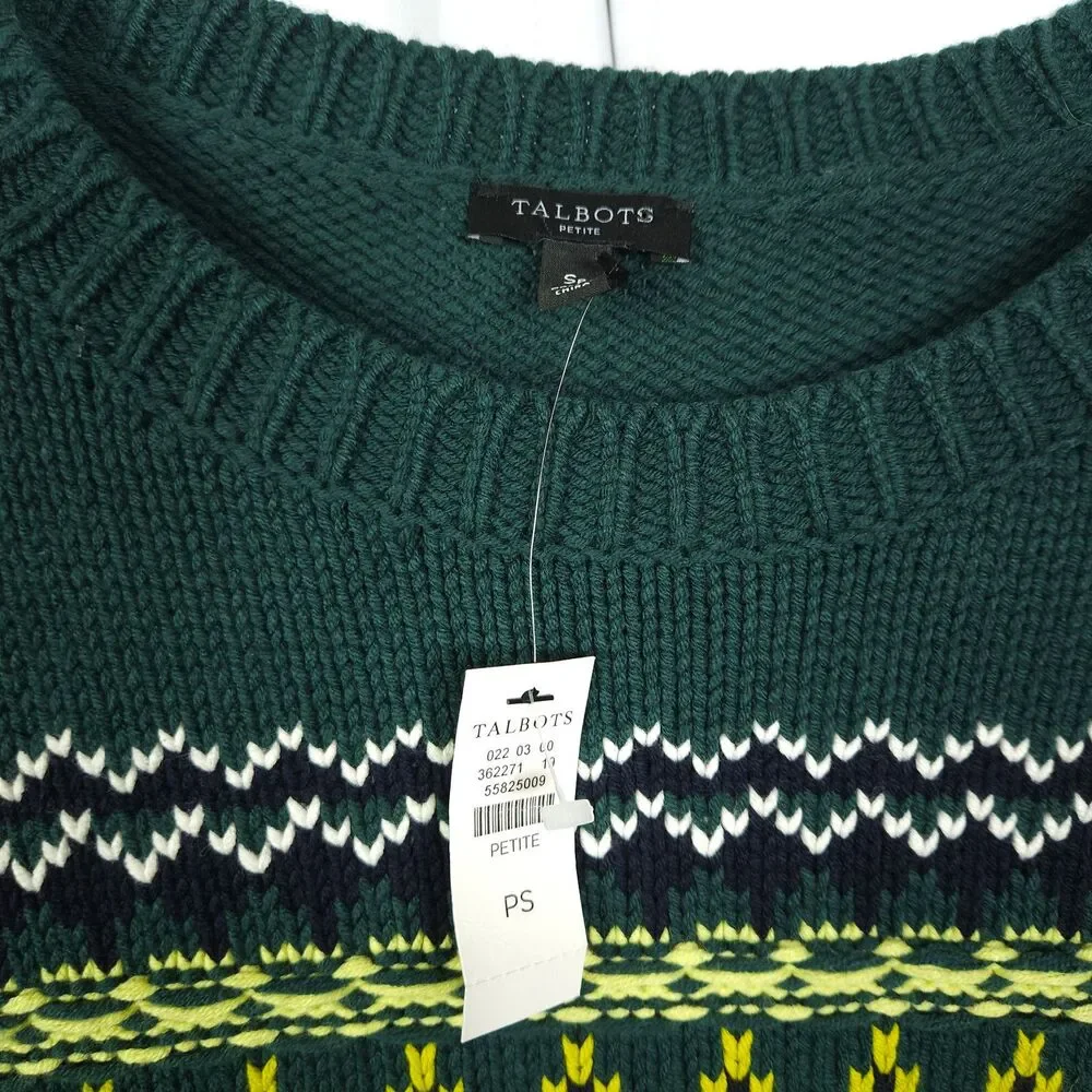 NWT Talbots Diamond Fair Isle‎ Green Sweater Womens Petite Small